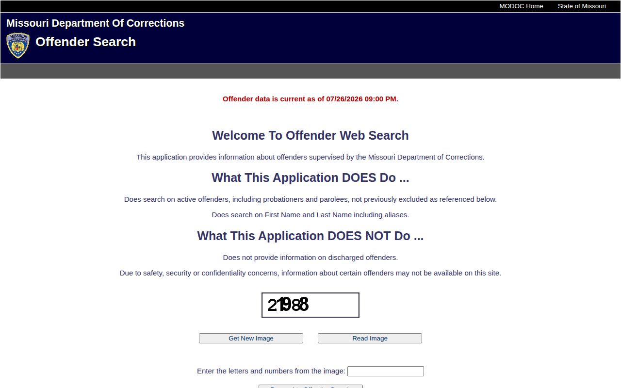 Dade County released inmate search on the MODOC active offender form