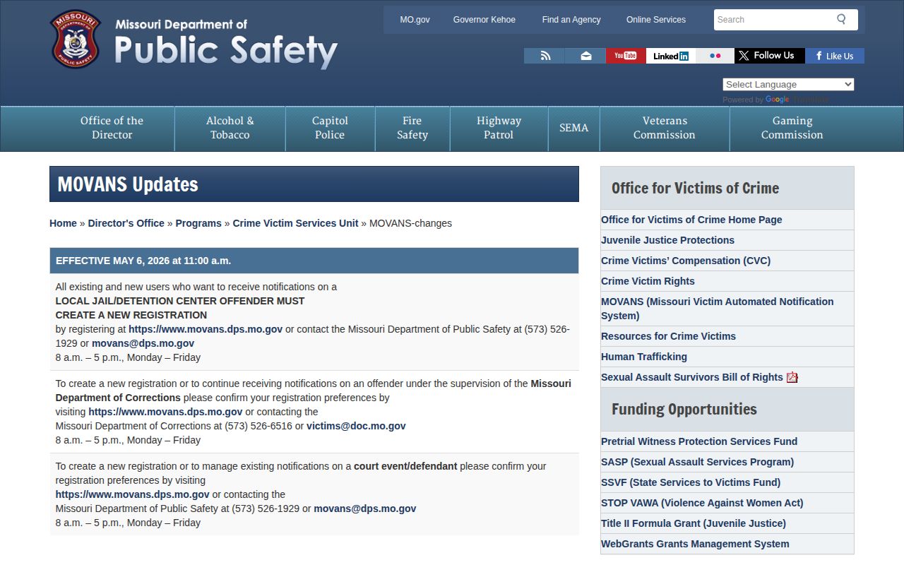 Dade County VINELink release alert transition notice for Missouri MOVANS