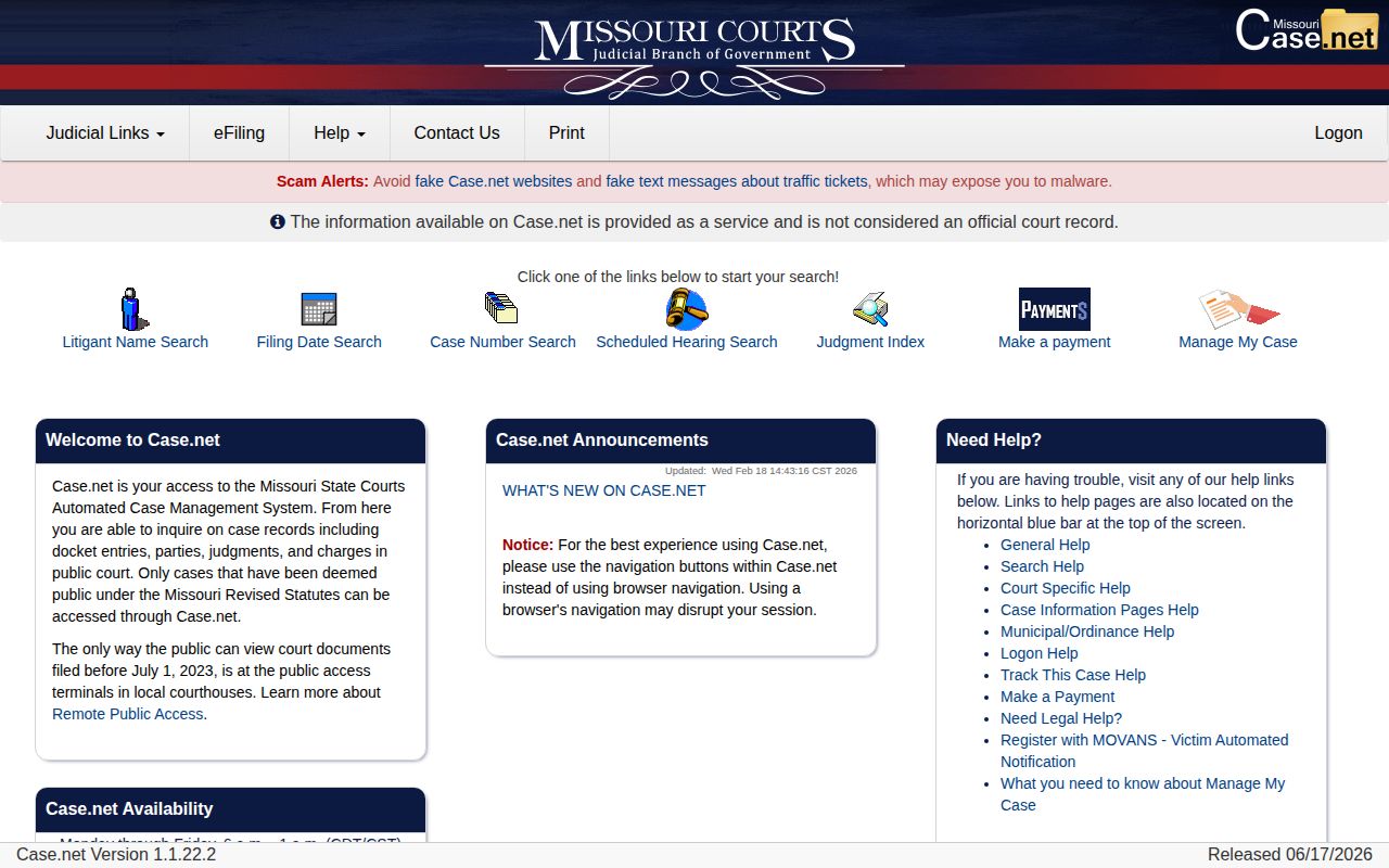 Dade County release record search options in Missouri Case.net